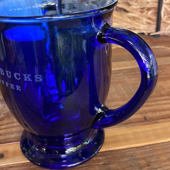 Starbucks Cobalt Blue Glass Starbucks Coffee Etched Footed Handled Mug 16 oz - Picture 12 of 16